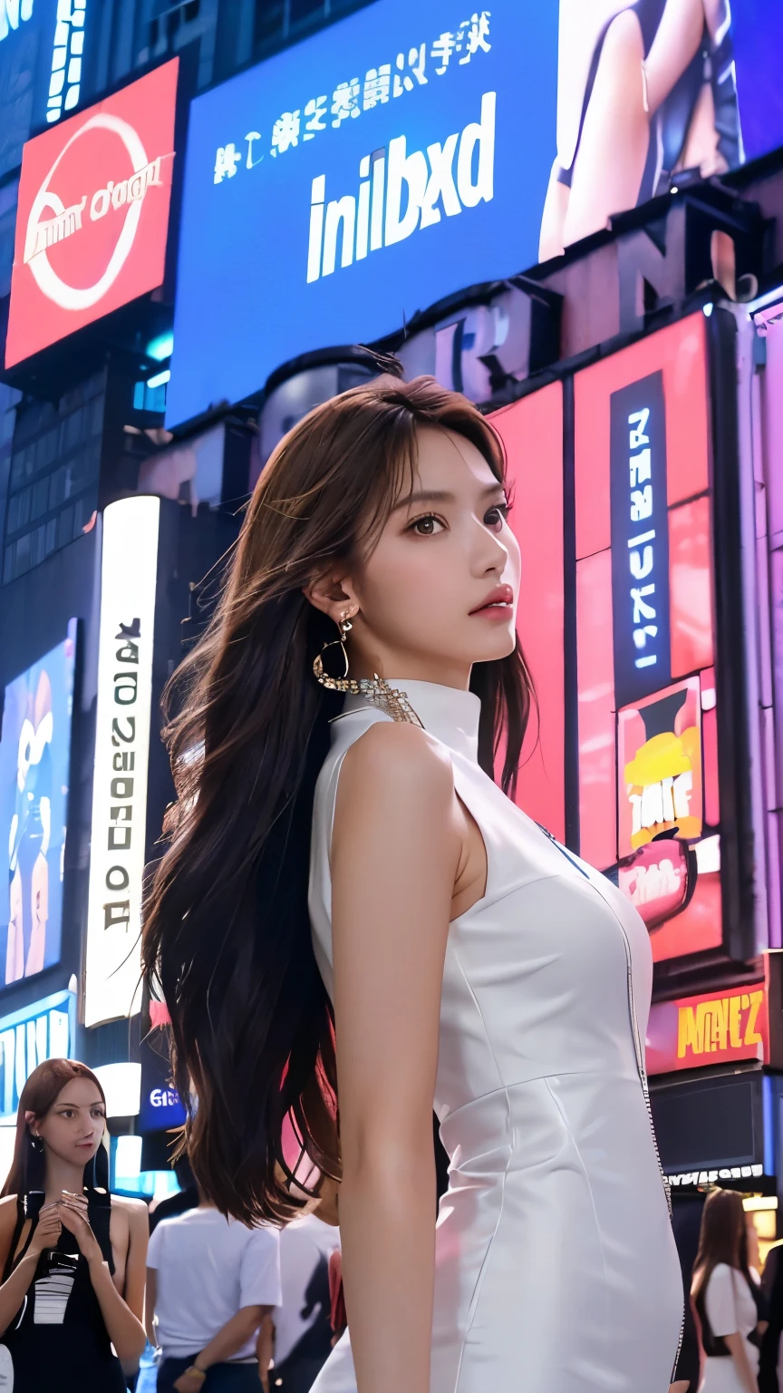 Photo quality, real image, 4K ((Beautiful woman model standing in front of a giant digital billboard in Times Square on a summer night, ((All giant digital billboards broadcasting the same footage of her live:1.0)), Vending machine visible from the street), ((One piece dress)), Looking away, Angle from below, Earrings, People passing by),