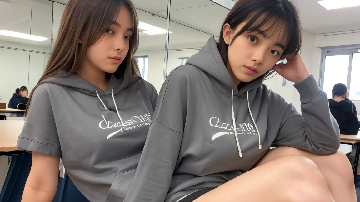 deux femmes ensemble de 18 ans sexy et mince , gray short sleeve hoodie , salle de classe, se touche,position sey,sensuel