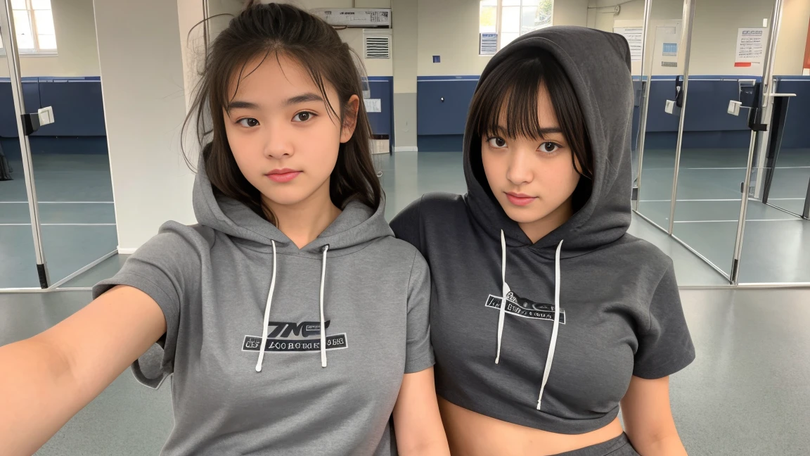 deux femmes ensemble de 18 ans sexy et mince , gray short sleeve hoodie , salle de classe, se touche,position sey,sensuel