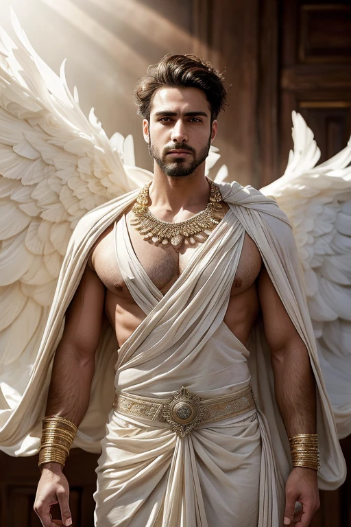 Ultra HD, Hyperrealistic photo of a handsome 27 year-old Iranian man, wearing an white ancient greek cloth, elegantly draped on one shoulder, angelic wings, jewelry, (light brown hair:1.37), short haircut, (facial hair:1.37), manly, handsome, attractive, sexy male, chiseled jawline, pectorals, abs, flying in the sky, flight pose, Around Ancient Greek times, with flowers and mist, masterpiece, best quality, depth of field, intricate details,