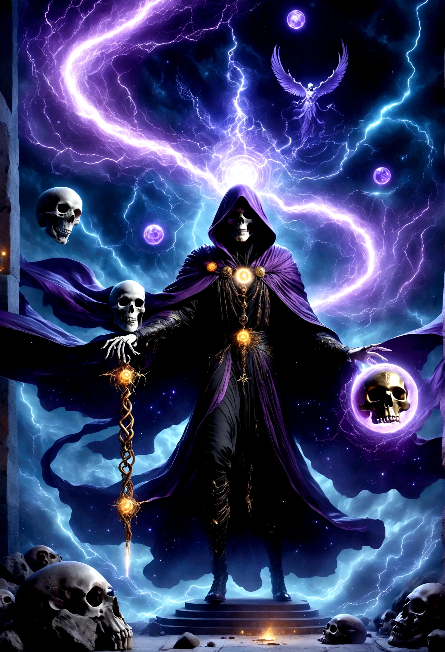 Dark Rune Astrologer,, Black Gold Astrologer,, magic void energy, Glowing eyes, Death Lightning, death energy ball floating on it's Bone Hand, Casting a Spell, Energy Splitting, Bone Hand, Wearing a luxurious cloak, Astral Skull Floating, Land and rocks float with the power of astrology, detailed glowing runic line floating around, Bones and skulls littered the ground, Deep purple energy, floating in the air, e-chains®, Magic array on the ground,,detailed,Practical,4k highly detailed digital art,Octane Rendering, Bioluminescence, 8k resolution concept art, realism,Designed by Mappa Studio,masterpiece,best quality,Official Art,illustration,Clear lines,(Cool_color),Perfect composition,ridiculous, fantasy,concentrated,The third law
