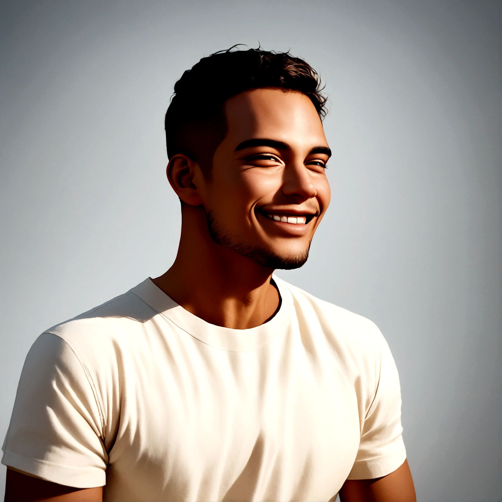 (photo: 1.4) af (realism: 1.3), (Hispanic), Latino man profile, (frontal close-up), soft light, clear face, happy, cheerful, warm light, white T-shirt, (off-white background), (blank background), ((gray wall background)) avatar, (short hair), smile, handsome, young,, short hair, smile, (close-up)