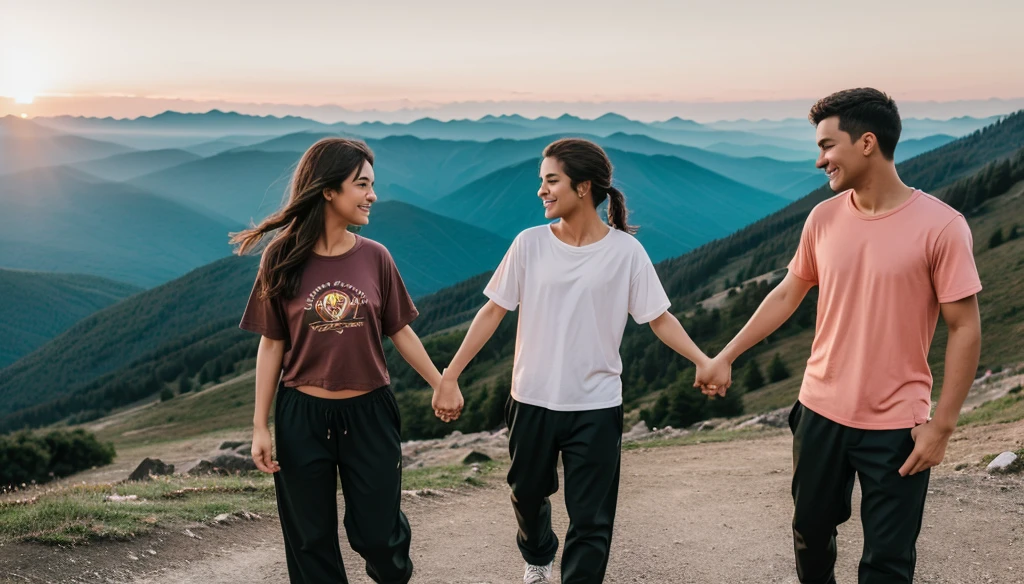 Two couples are romance in mountain.one hand Holding their hand together sun rises in background. Boy wear shirt and pant girl wear groun and top