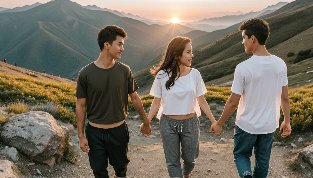 Two couples are romance in mountain.one hand Holding their hand together sun rises in background. Boy wear shirt and pant girl wear groun and top