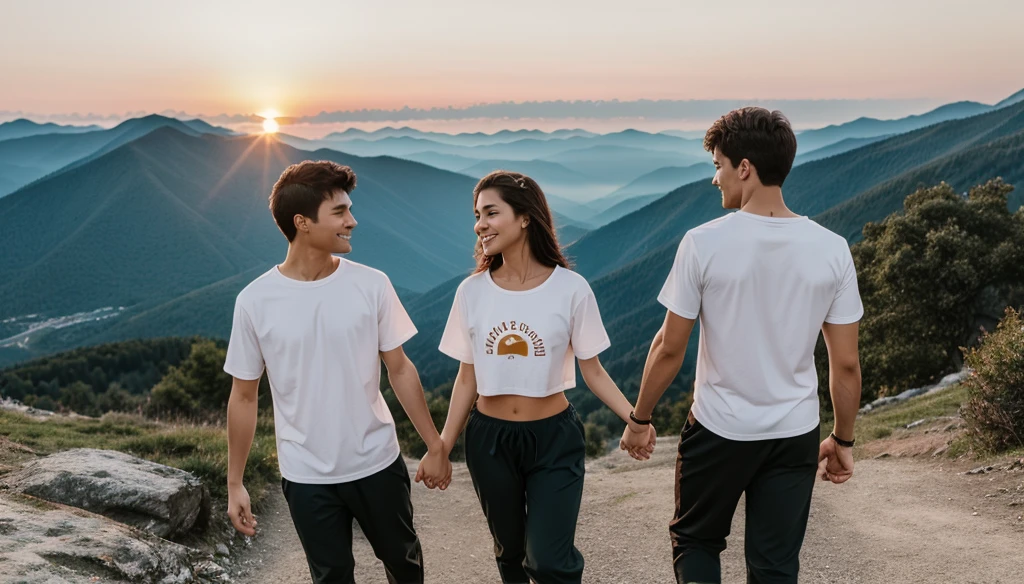 Two couples are romance in mountain.one hand Holding their hand together sun rises in background. Boy wear shirt and pant girl wear groun and top