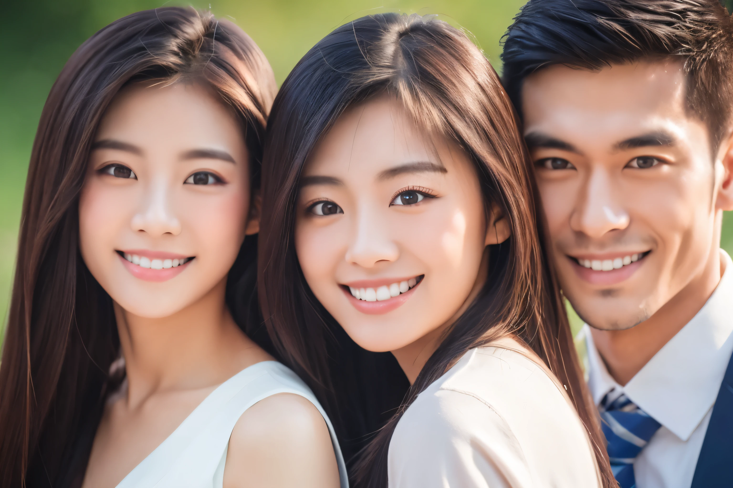 Two Asian beauties and one Asian handsome guy standing together,Double eyelids,Smile,Face clear,Focus,Professional photography,8K。