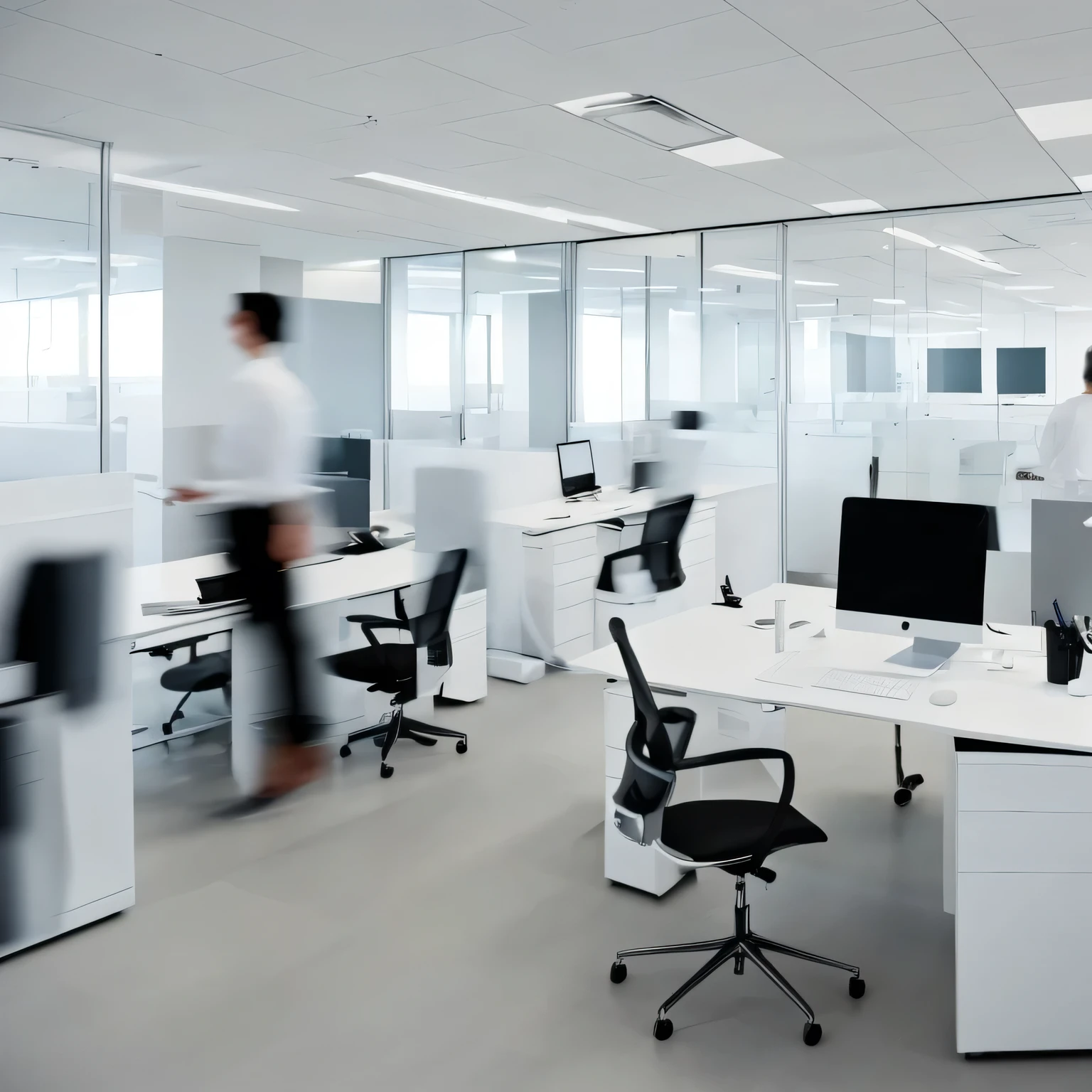 White clean office, modern, blurred employee working