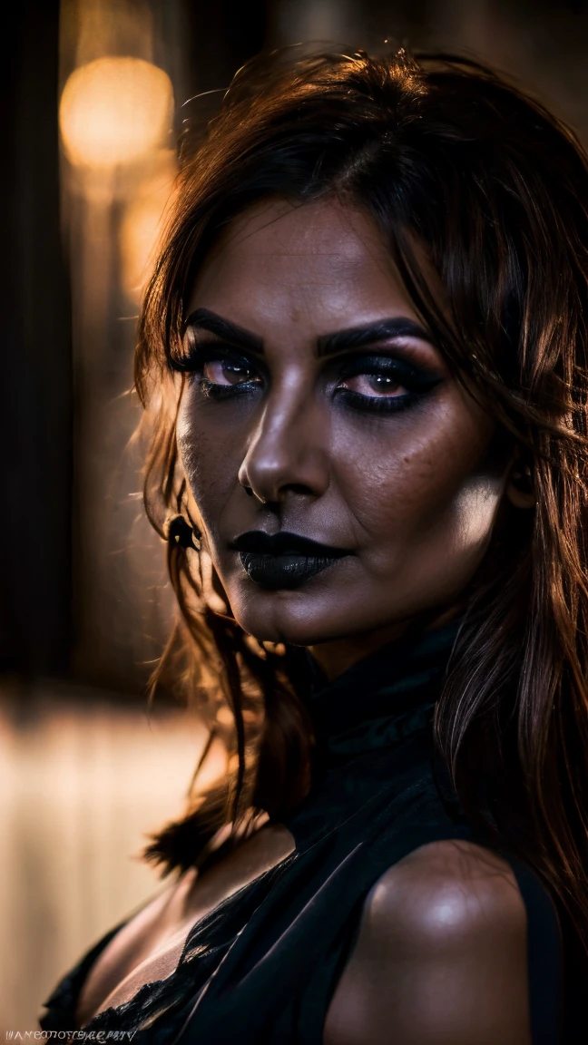 (best quality, hyperdetailed photography:1.2), beautiful Indian lady, ((dark black lipstick)), freckles, gothic makeup, soft light, curvy figure, head and breast portrait, cover, (detailed beautiful face, detail skin texture, ultra-detailed body:1.1) sexy vampire women, closeup