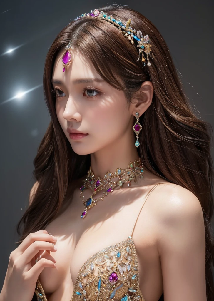 Flat Chest、(Slim body）、((Slim body))、Long Hair,masterpiece,diamond、big diamond necklace、Earrings,background of fantasy,(((Brown Hair)))、美しいきらめくcrystal玉, mystical 、Magic Ball、crystal、Fortune telling、Magical fantasy enchanted ethereal, Cinematic shots, Movie Scenes, amazing, Breathtakingly beautiful, たくさんのcrystalに囲まれて、Multicolored gemstones、Raw stone chunk、宝石からパワーとLightが満ち溢れている、A magical feeling in the air, Magical fantasy, Diffuse lighting、 Highest quality, High resolution, unity 8k wallpaper, (shape:0.8), (Beautiful details:1.6), Highly detailed face, Mr.々A gem、crystalからLight線、Light、whole body、Standing surrounded by beautiful jewels、Spiritual World、