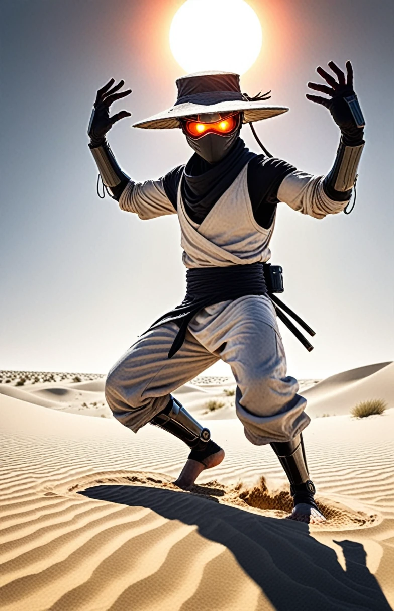 Capture the essence of a worn climate., Worn cyborg ninja in a storm of dust and electricity. leaning forward, obscured under a great, round sedge hat, his face barely visible. with arms outstretched, each hand holds a floating, semi-molten reddish gray orb. Against the backdrop of the sun, They are standing in a desolate place, bleached white sand desert.. spelling to sound like Pokemon Ball in each hand, throw two pokemon balls