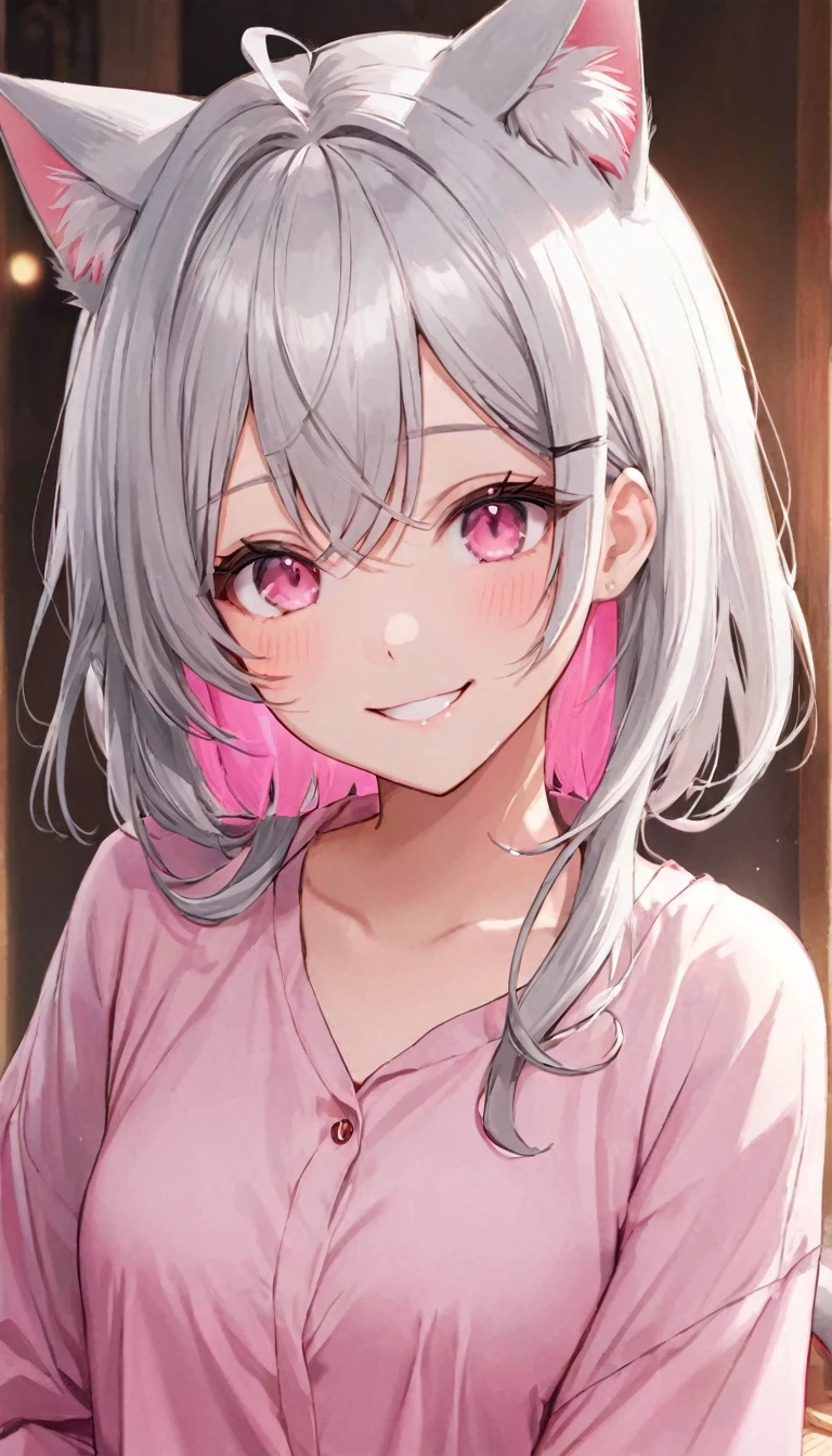 Medium chest,pretty girl,smile,Longing eyes,Cat ear, Beautiful silver hair,Pink inside,Beautiful pink eyes, Oversized shirt,