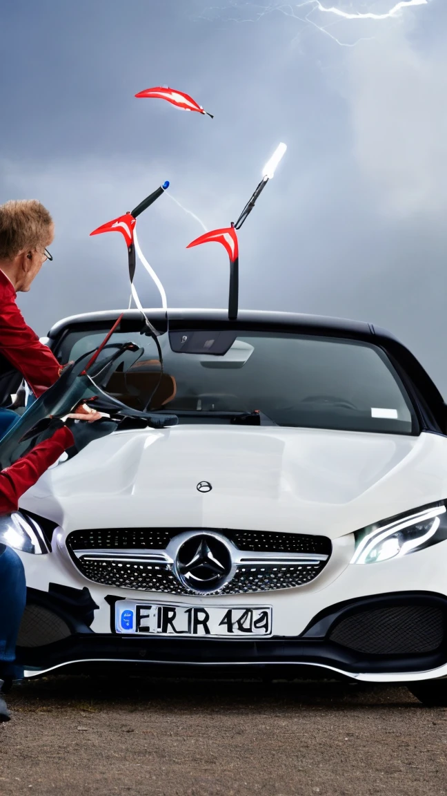 Lightning with an arrow pointing down and a Mercedes