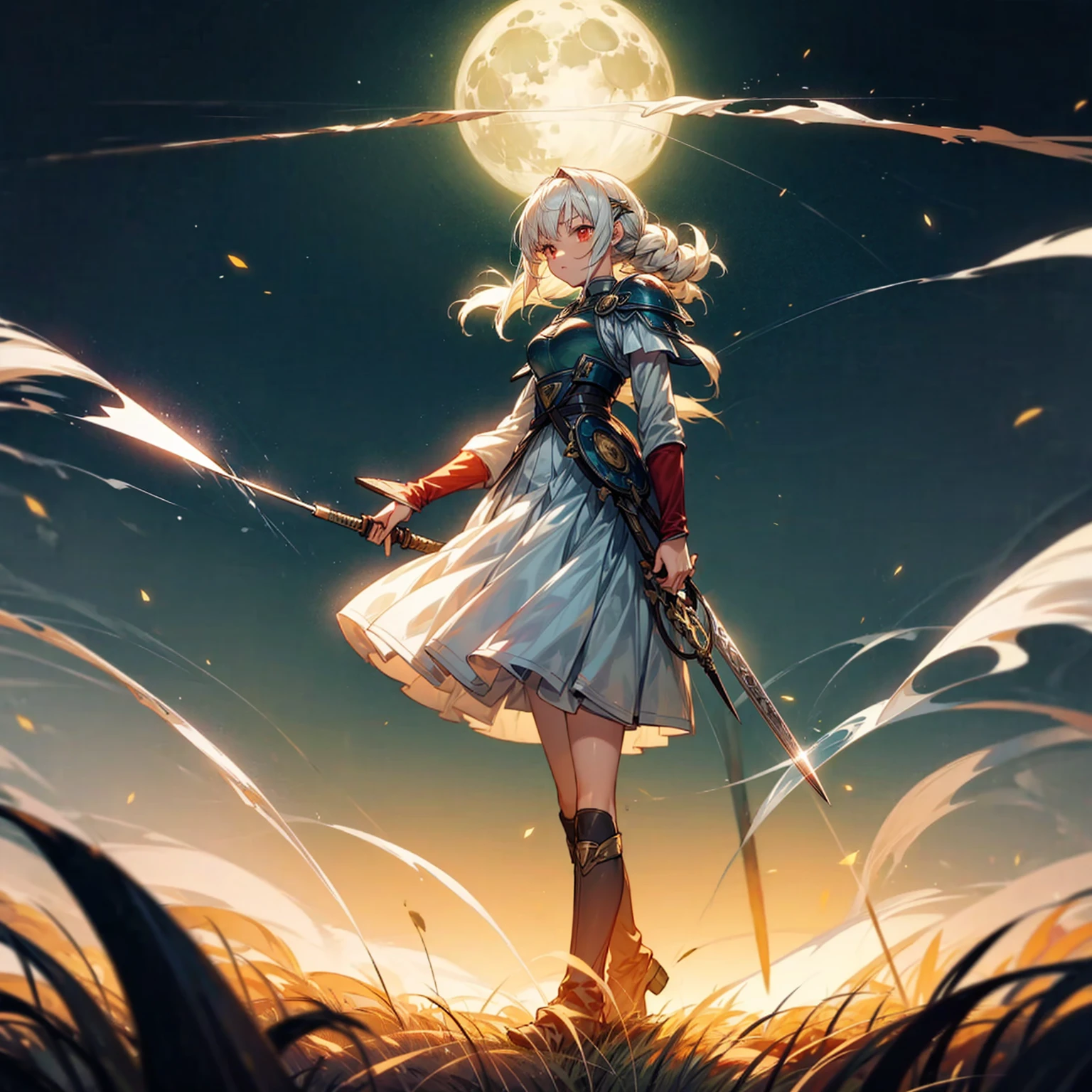 1girl, Full body version, 1character, light red eyes color, long classic hairstyle, white colour hair, soldier style clothing, Long skirt, long socks, long boots, gold armors, knife in hand, full background, Grassroots background in green field, motion blur, standing gesture, (Hunter x Hunter style art), smoke, fire, lighting knife, lighting moon, Moonlight, aura