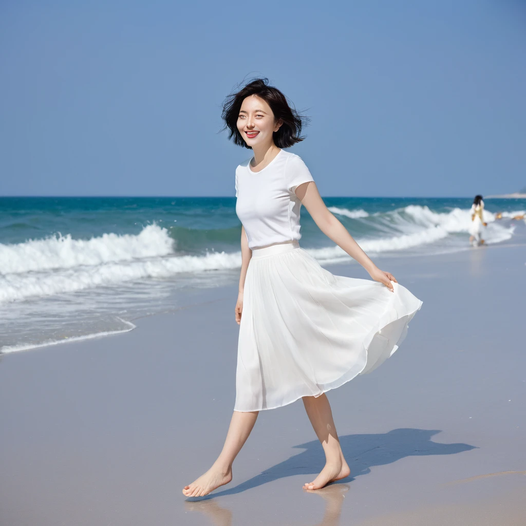 blue, Beach with white waves, Clear picture quality, Beautiful 36-year-old short Korean woman, Chest size 34 inches, Wear white short sleeves and sleeveless tops, lightweight mid-length white skirt. beautiful pretty woman look , wearing a light skirt , Dipping my toes in the waves crashing in the distance. Short medium hair blowing in the wind, 1 woman, beautiful eyes, Smiling, Full-body photo taken from afar with a wide-angle lens, The background is clean and perfect., Waves are coming on the white sand beach, My skirt was very wet.. short woman