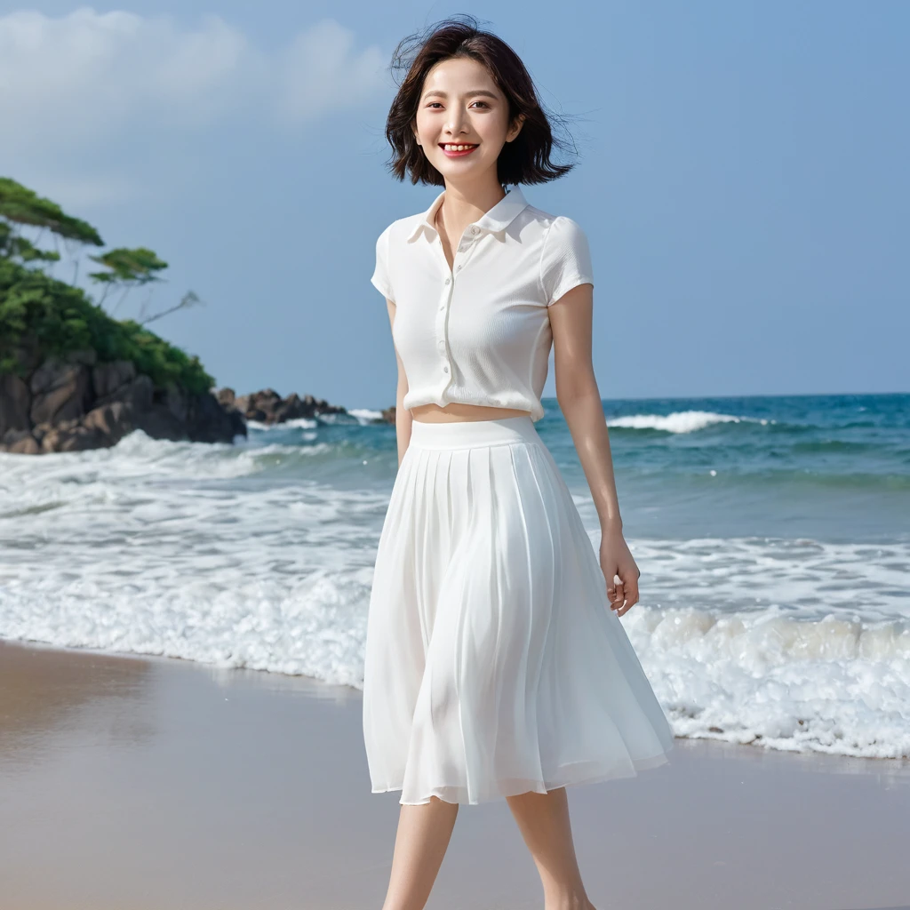 blue, Beach with white waves, Clear picture quality, Beautiful 36-year-old short Korean woman, Chest size 34 inches, Wear white short sleeves and sleeveless tops, lightweight mid-length white skirt. beautiful pretty woman look , wearing a light skirt , Dipping my toes in the waves crashing in the distance. Short medium hair blowing in the wind, 1 woman, beautiful eyes, Smiling, Full-body photo taken from afar with a wide-angle lens, The background is clean and perfect., Waves are coming on the white sand beach, My skirt was very wet.. short woman
