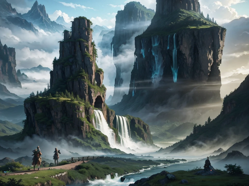 Alpha landscape of waterfall，Towers and waterfalls in the background, Fantasy painting，Lovely, landscape painting, Game Art Painting, Illustrations,  Concept Art， Concept Art, 2. 5D CGI anime fantasy artwork, Dreamy matte finish, Fantasy painting, Avatar Landscape, Game map painting