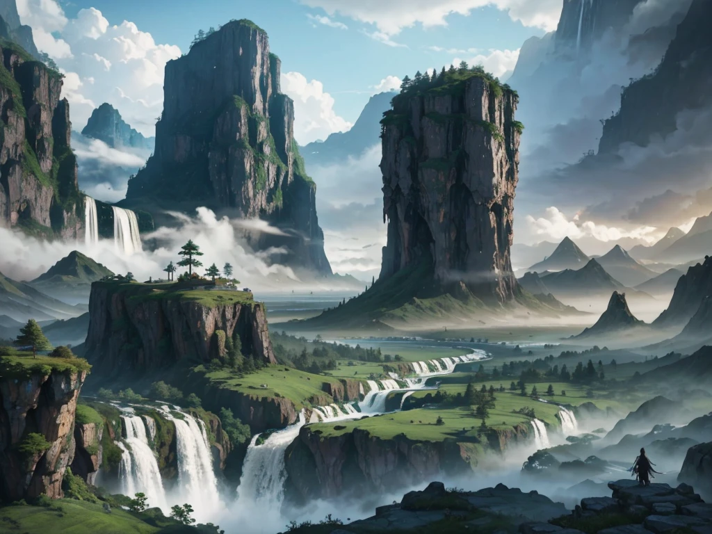 Alpha landscape of waterfall,Towers and waterfalls in the background, Fantasy painting,Lovely, landscape painting, Game Art Painting, Illustrations, Concept Art, Concept Art, 2. 5D CGI anime fantasy artwork, Dreamy matte finish, Fantasy painting, Avatar Landscape, Game map painting