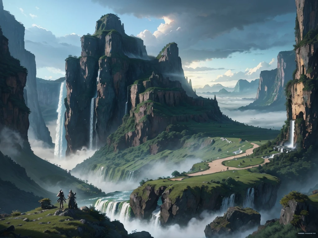 Alpha landscape of waterfall，Towers and waterfalls in the background, Fantasy painting，Lovely, landscape painting, Game Art Painting, Illustrations,  Concept Art， Concept Art, 2. 5D CGI anime fantasy artwork, Dreamy matte finish, Fantasy painting, Avatar Landscape, Game map painting