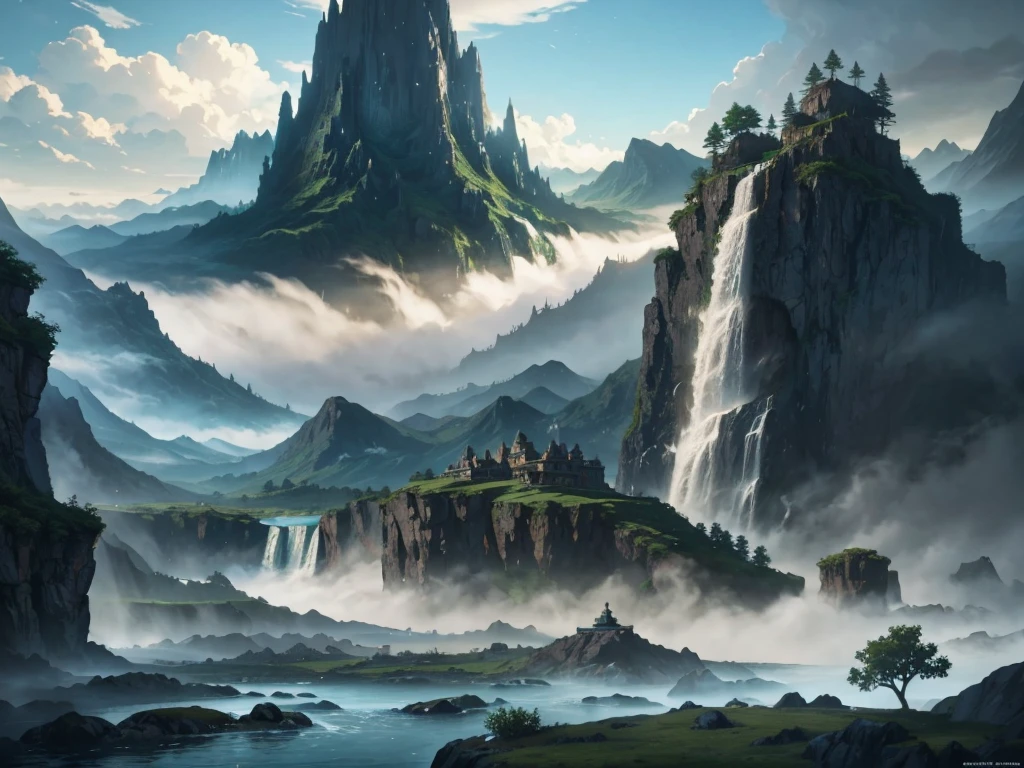Alpha landscape of waterfall,Towers and waterfalls in the background, Fantasy painting,Lovely, landscape painting, Game Art Painting, Illustrations, Concept Art, Concept Art, 2. 5D CGI anime fantasy artwork, Dreamy matte finish, Fantasy painting, Avatar Landscape, Game map painting