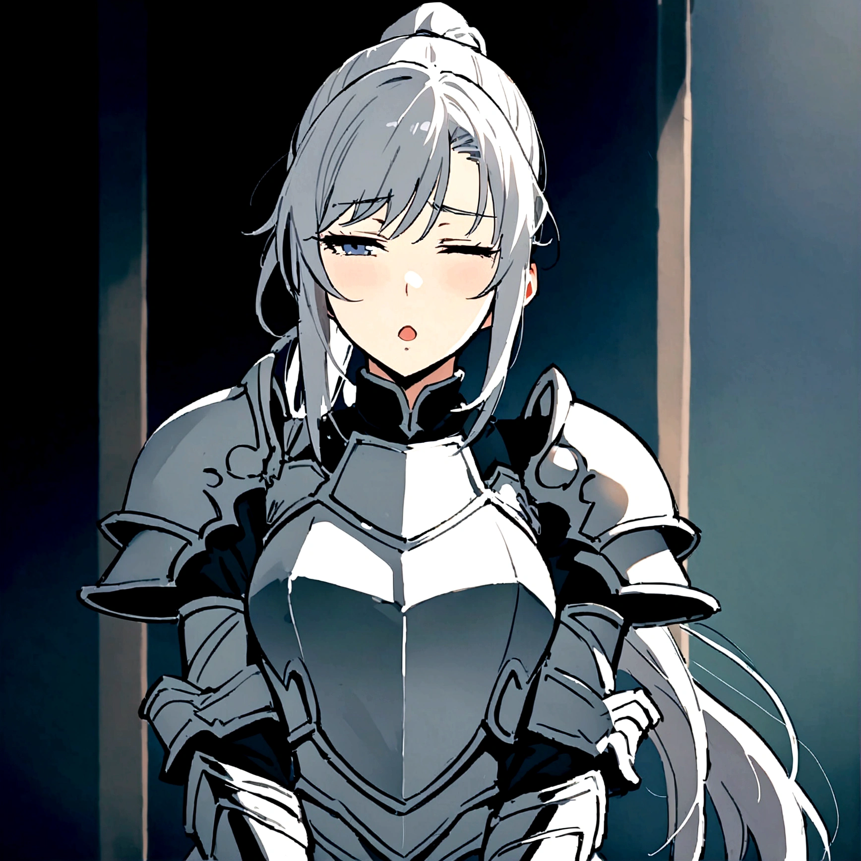 Beautiful girl knight in armor, Gray Hair, tsurime, fantastic, Face your body forward like a certificate photo, shoot from front, Ponytail, Armor Girl, beautiful female knight, Female Paladin, pale blue eyes, narrowed eyes squint, Talking mouth, upper body shot, drawing both arms, closed eyes