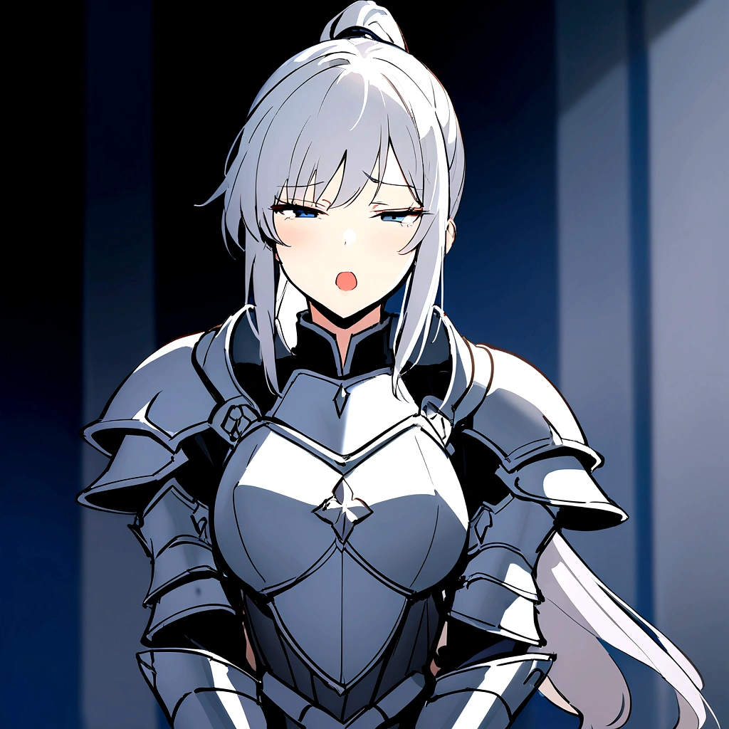 Beautiful girl knight in armor, Gray Hair, tsurime, fantastic, Face your body forward like a certificate photo, shoot from front, Ponytail, Armor Girl, beautiful female knight, Female Paladin, pale blue eyes, narrowed eyes squint, Talking mouth, upper body shot, drawing both arms, closed eyes