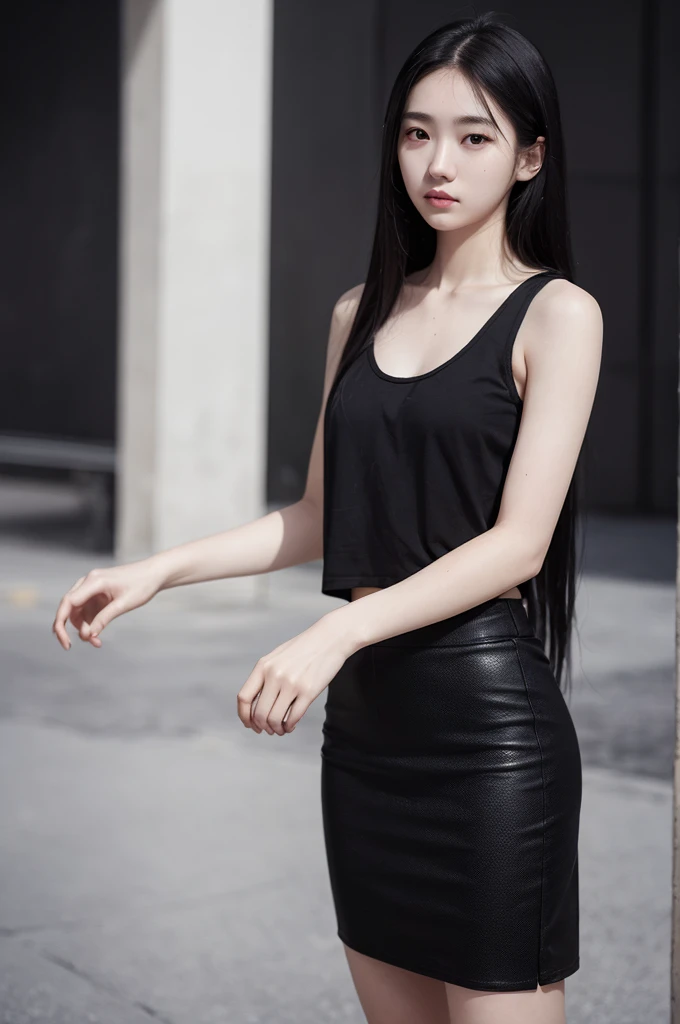 20 year old girl, white skin, black tank top, black skirt, long hair, high contrast (Natural skin texture, Hyperrealism, Soft Light, sharp), portrait, standing, kpop