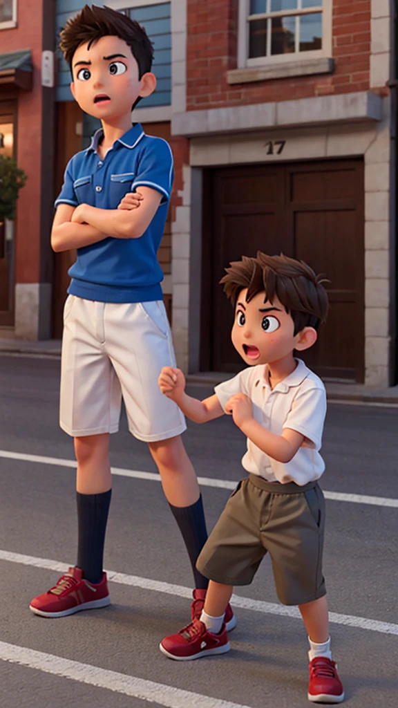 A boy fighting with another boy in road