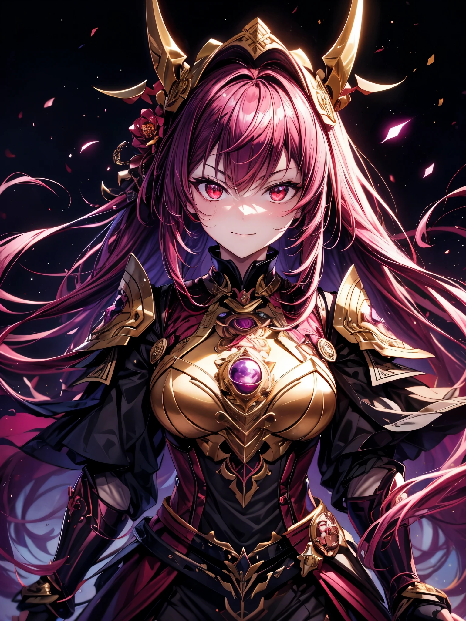 best quality,4K,high resolution),Ultradetailliert,realistisch,portrait, Lila Samurai Sukkubus mit einen katana dunkelrotem Haar, a purple-dark red armor with gold neon lights with gold trim and glowing red eyes, Leuchtende Farben, delicate features, seductive glance, Charming smile, wallende Haare, sanfte Beleuchtung