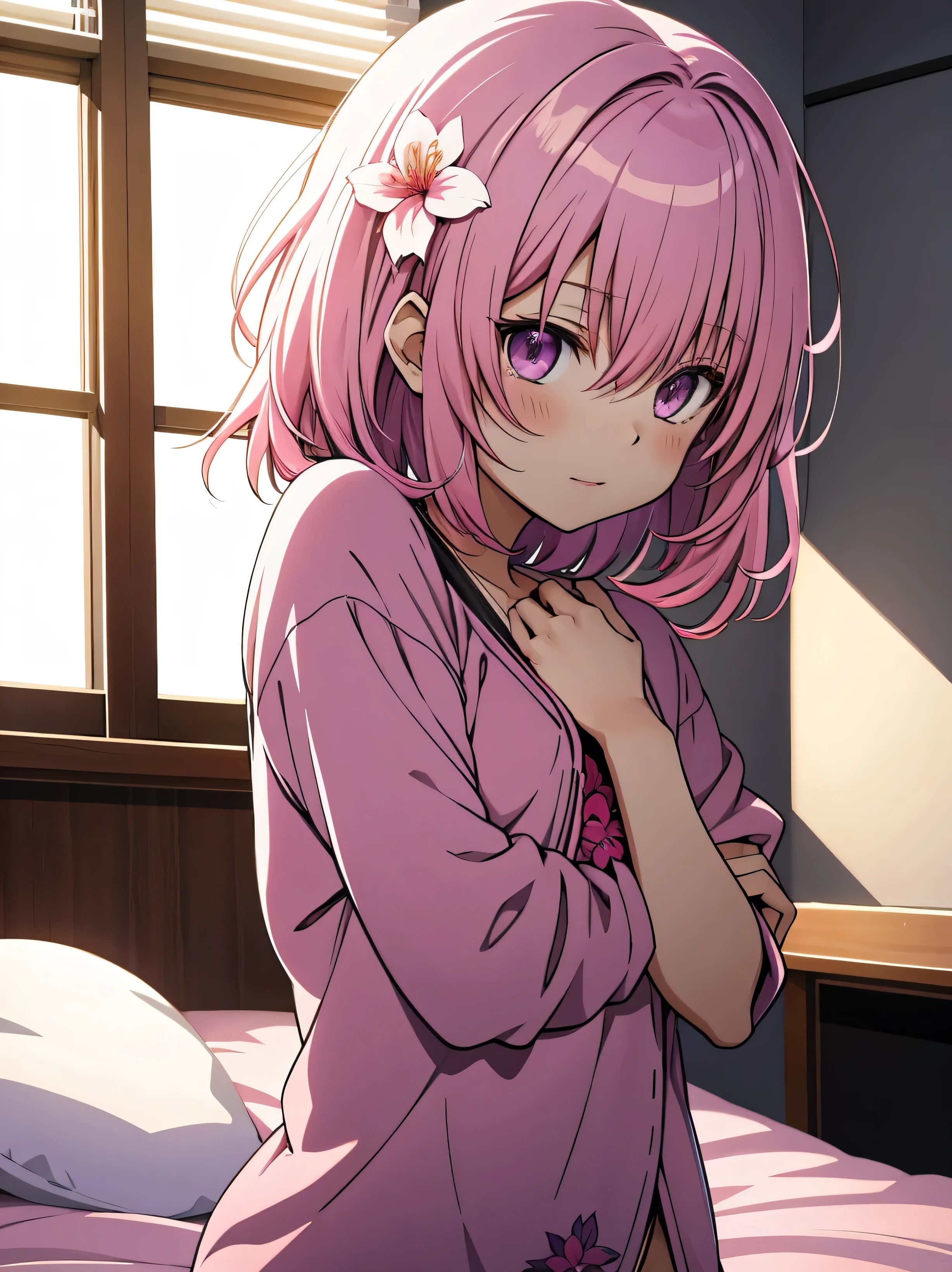 Momo Belia Deviluke has short pink hair and purple eyes. In the To LOVE-Ru manga, straightened her hair out She also has two small flowers on her hair. naked on bed
