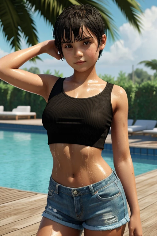 A 10 year old girl in short hair wearing very short top. Wet . 3D
