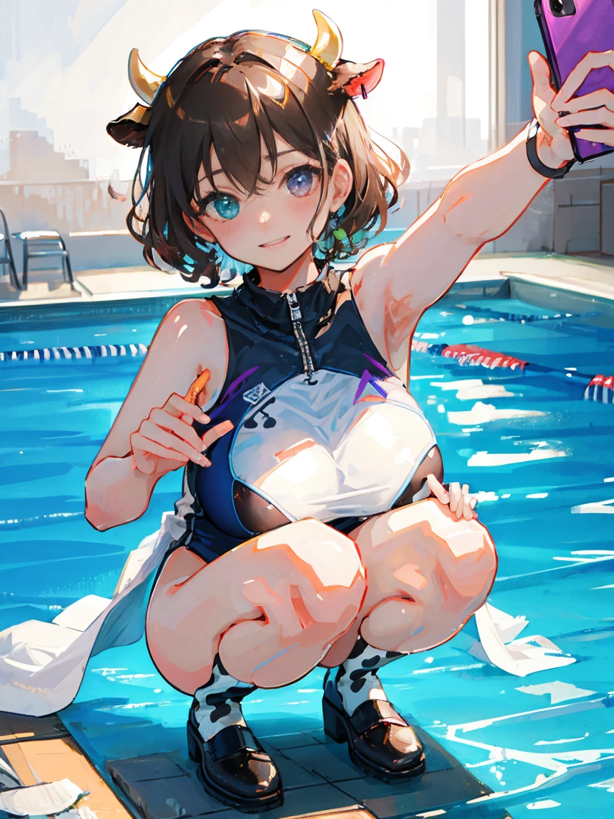 ((swimming pool background scenario)), (selfie:1.6), squatting, thong, sweaty:1.2, toothy smile:1.2,
BREAK,
swimsuit, 
BREAK, 
purple-stained lips, dynamic lighting, pastel color lighting,
BREAK,
((Cow pattern on body)), [dark skin],
BREAK, 
expressive eyes, Professional Photography,
BREAK,
Girl Cow, (((short brown curly hair))), ((cow horns)), (cow ears),
BREAK,
((heterochromia eyes)), eyeliner, thick eyebrows, 
BREAK, 
(Huge breast:1.1), 
BREAK, 