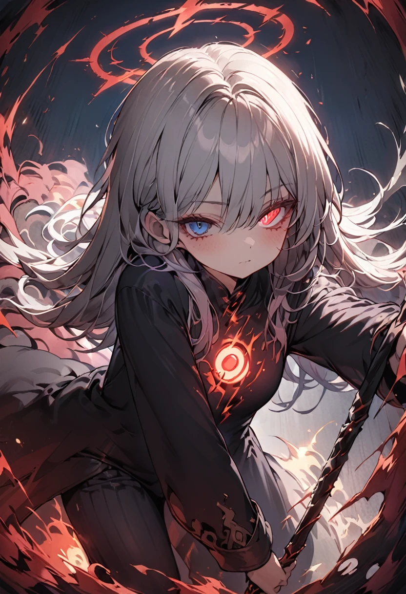 elementary, Shadow Surrounding Girl, lightning, Green Aura, Red aura, Purple aura, Flames surrounding the girl, masterpiece, Dark Theme, Highest quality, Maximum details, Very fine eye, Professional coloring, cinematic lightning, Remaining, Written boundary depth, Backlight, One Girl, Young girl, Silver Hair, Long Hair, Black glowing halo, Shining blue sea, Blue Flame, Fantasy style costumes, Black long coat, shirt, Black trousers, Swinging a thin black long sword, Expressionless, Purple left eye and blue right eye, Odd Eye