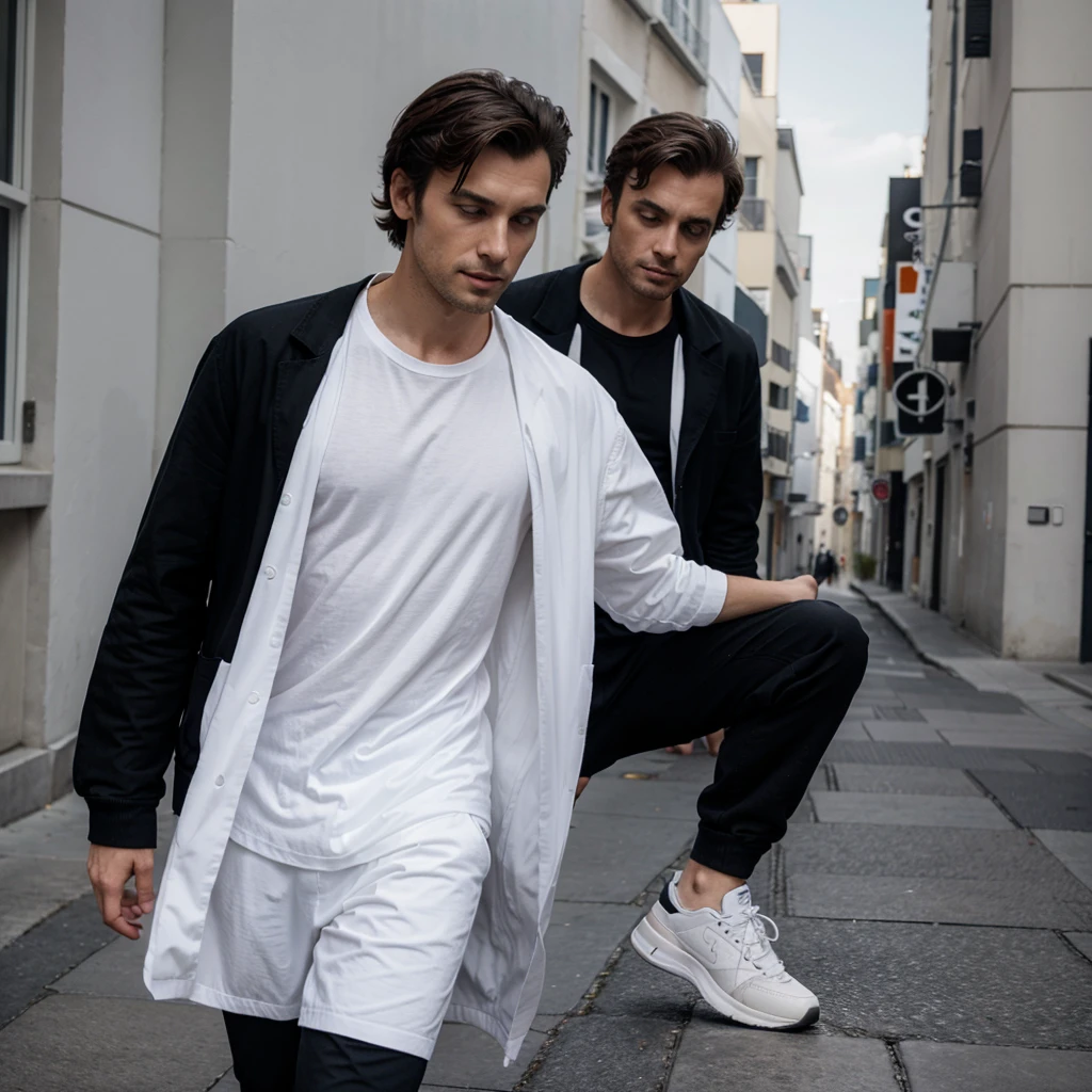 Un homme beau avec une veste noir des baskets blanches et un pentalon blanc sur une grande route 