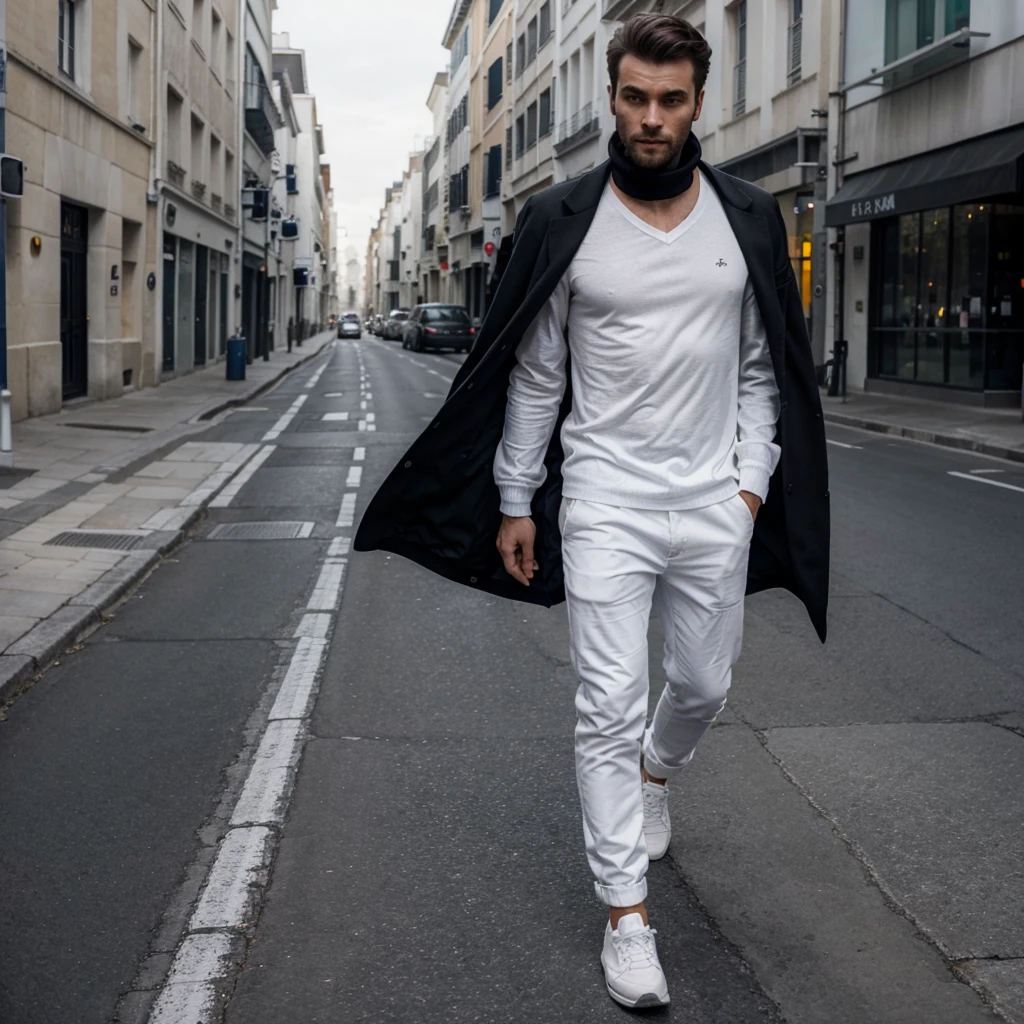 Un homme beau avec une veste noir des baskets blanches et un pentalon blanc sur une grande route