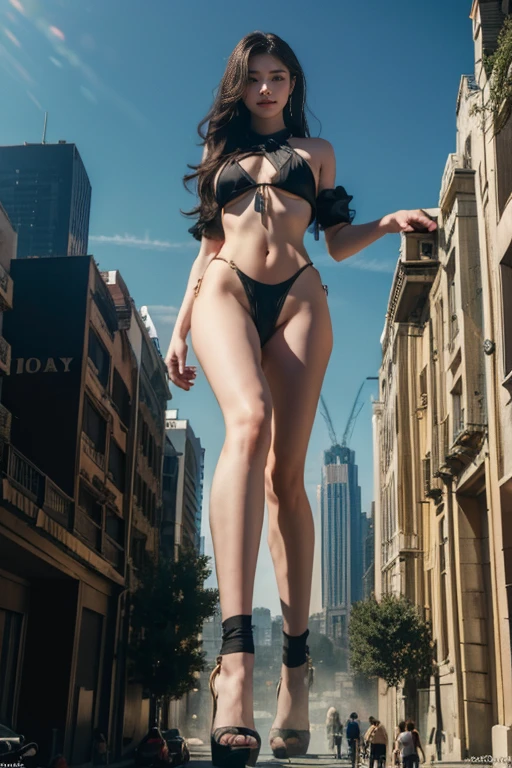 Ground View，giantesscity,giant girl 500 feet high，skyscrapers,Have a pair of ultra long legs,stepping in the crowd，many people in street,a pair of huge breasts，Princess，bikini ,black silk socks，Has black waist-length hair，Wearing a pair of Mary Jane heels，A look of enjoyment，standing on a ruins，Beautiful appearance，Exquisite makeup，quality，8k，高quality，Perfect proportion, Cinema lighting，film grain，Fuji colors，8k，textured skin，Super details，high detail，high quality，high resolution，explode，fake smile