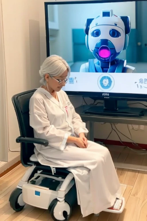 A person in hospital gown interacts with a robot dog at home，The robot dog shows a gentle expression on the screen，The patient appears relaxed and comfortable。