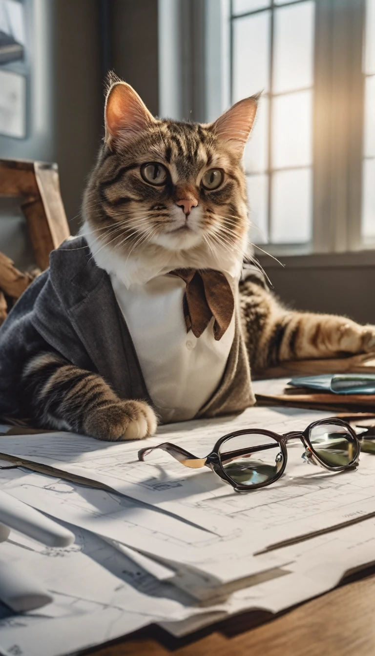 A cat wearing glasses sits at the table,On the desktop are architectural design drawings,Dressed in father's attire,Warmth,Clear picture quality,Optimal lighting,The best shadow,Very exquisite,Delicate facial expressions,Clear image quality