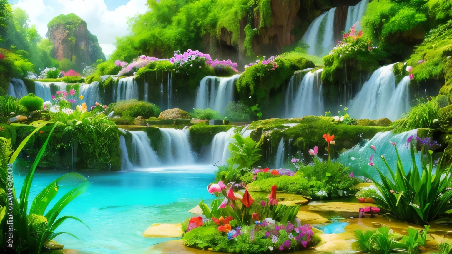 a painting of a waterfall with flowers and plants in the foreground, flowers and waterfalls, peaceful beautiful waterfall, beautiful stunning waterfall, beautiful waterfall, stunning waterfall, natural landscape beauty, beautiful nature, nature wallpaper, waterfall(beautiful, beautiful scenic landscape, waterfalls, waterfall background, floating waterfalls, really beautiful nature, cascading waterfalls, beautiful natural background, very beautiful scenery