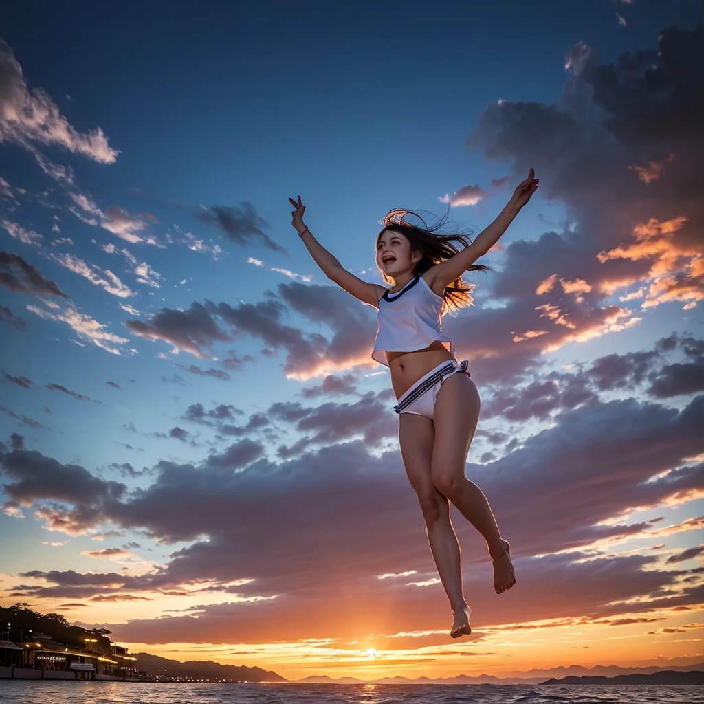 ((ExtremelyDetailed ( KAWAII Girl Floating:1.37) in WHITE at Dusk Enoshima Beach)), (masterpiece 8K TopQuality) (ProfessionalPhoto:1.37), {(Standing Full Body:1.2)|(from below:1.2)}, Different types of hair colors, {(White skinny(School Swimwear))|(SchoolUniform) with Tiny AthleticShorts}, {(Corrected Childish hand)|Hidden hand|Armpit|Different types of breasts|(Clearly Visible the shape of Butt)}, Joyful Expressions LifeLike Rendering, PerfectLighting, Dazzling Horizon {Colorful Clouds | Starry IridescentParticles} VolumetricLighting (Acutance:0.8)