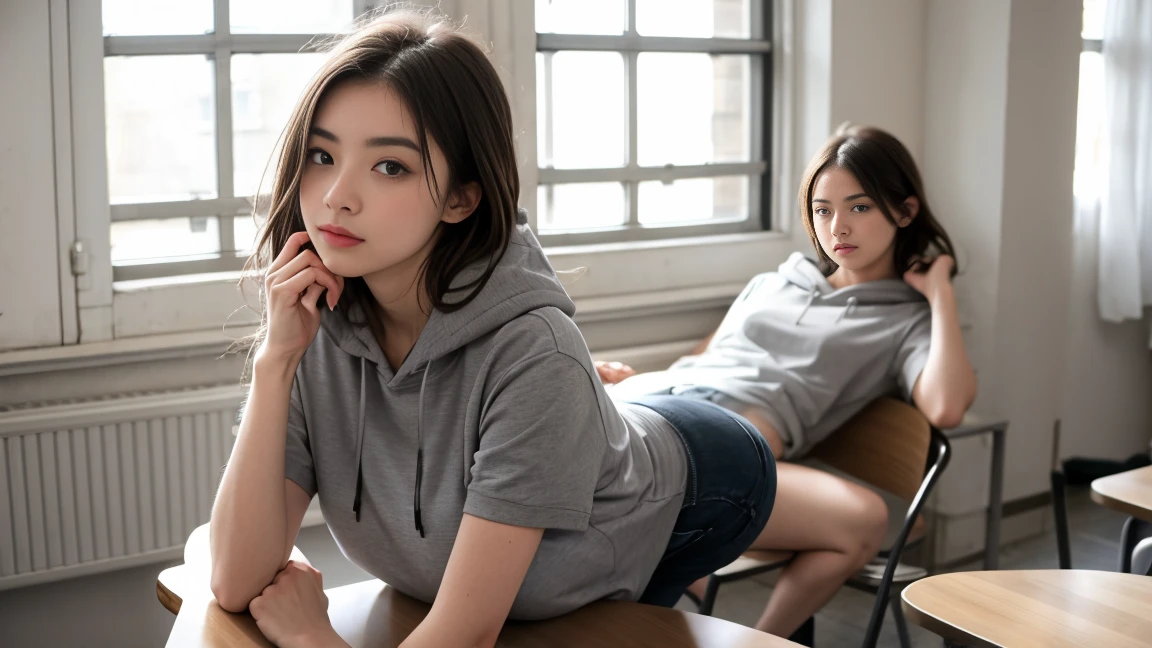 deux femmes ensemble de 18 ans sexy et mince , gray short sleeve hoodie , salle de classe, se touche,position sey,sensuel