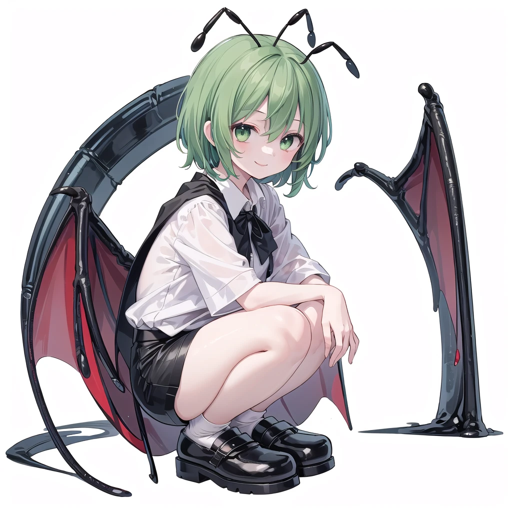 (((one girl))),(((wriggle nightbug))),(touhou),green eyes,antennae, green hair, short hair, swept bangs, white shirt, collared shirt, two-sided cape, red cape, black cape, long sleeves, short sleeves, black shorts, blue shorts,(((smile))),(((full body))),(((squatting))),(((simple white background))),(((Diagonal angle)))