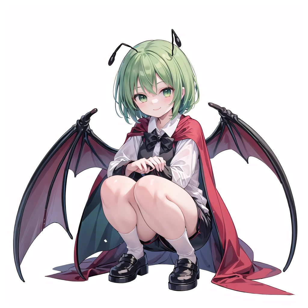 (((one girl))),(((wriggle nightbug))),(touhou),green eyes,antennae, green hair, short hair, swept bangs, white shirt, collared shirt, two-sided cape, red cape, black cape, long sleeves, short sleeves, black shorts, blue shorts,(((smile))),(((full body))),(((squatting))),(((simple white background))),(((Diagonal angle)))
