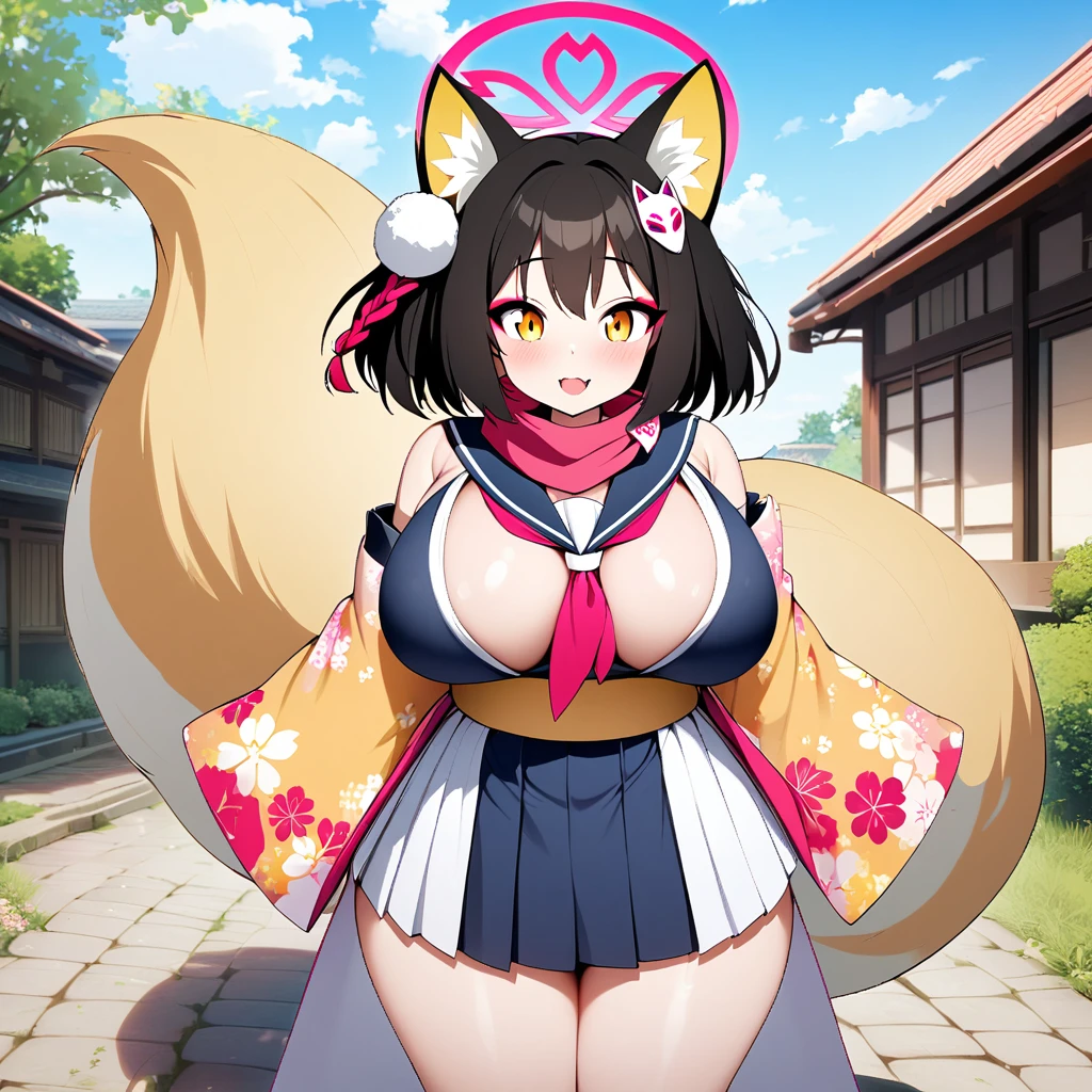 izuna(blue archive),1girl,solo,halo,Females in heat,fox ear,Light brown thick tail,super huge breasts,standing up,near,looking at viewer