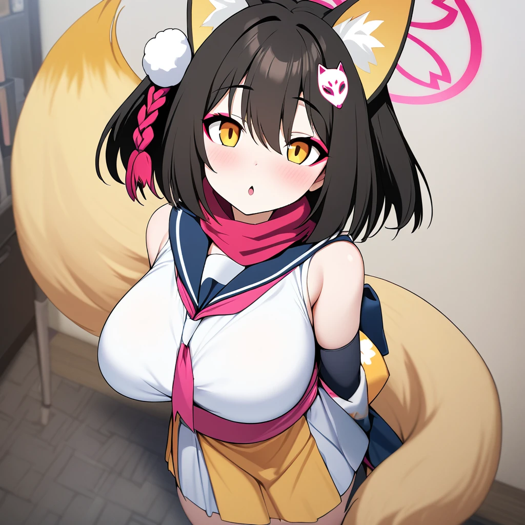 izuna(blue archive),1girl,solo,halo,Females in heat,fox ear,Light brown thick tail,super huge breasts,standing up,near,looking at viewer