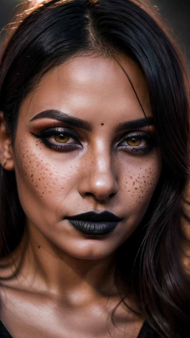 (best quality, hyperdetailed photography:1.2), beautiful Indian lady, ((dark black lipstick)), freckles, gothic makeup, soft light, curvy figure, head and breast portrait, cover, (detailed beautiful face, detail skin texture, ultra-detailed body:1.1) sexy vampire women, closeup