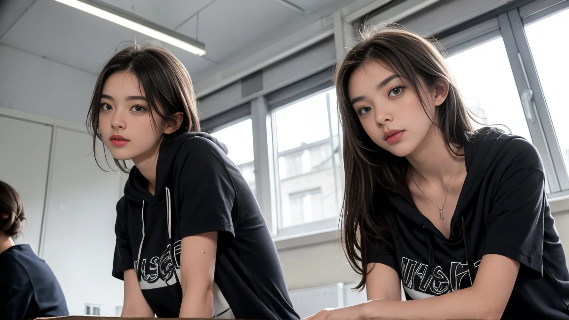 deux femmes ensemble de 18 ans sexy et mince , gray short sleeve hoodie , salle de classe, se touche,position sey,sensuel