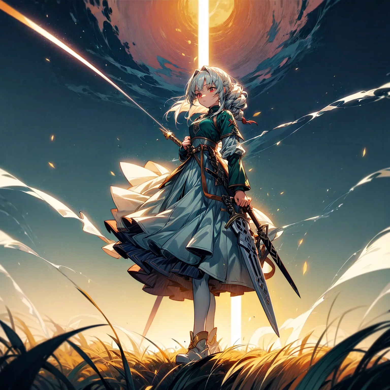 1girl, Full body version, 1character, light red eyes color, long classic hairstyle, white colour hair, soldier style clothing, Long skirt, long socks, long boots, gold armors, knife in hand, full background, Grassroots background in green field, motion blur, standing gesture, (Hunter x Hunter style art), smoke, fire, lighting knife, lighting moon, Moonlight, aura