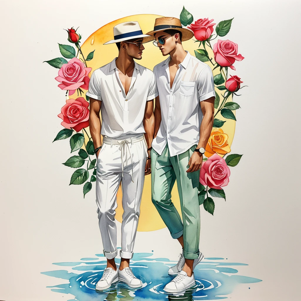 candid fashion illustration of young Mixed race 2man, both aged 18-23 year old, ((showcase fashion look book in White linen outfits)), the design inspired by David Austin Rose, in elegant chic style. The man wears an oversized short-sleeved shirt with a minimal rose embroidery details, paired with relaxed-fit white Short with Drawstring, He completes his look with white sneakers and round glasses. The boyfriend complements him in a Calf-length skinny fitted pants in a stripe woven cotton, semi bulge, He resemble includes an accessorizes with a brimmed straw hat and white sneakers, Captured in a low angle, ((full-body image)), ((roses drawing in water-color in background)), fashion sketching, realistic drawing, ((imperfect water-color drawing)), fashion look book, fashion illustrator, fashion sketch design, gay, gay couple,