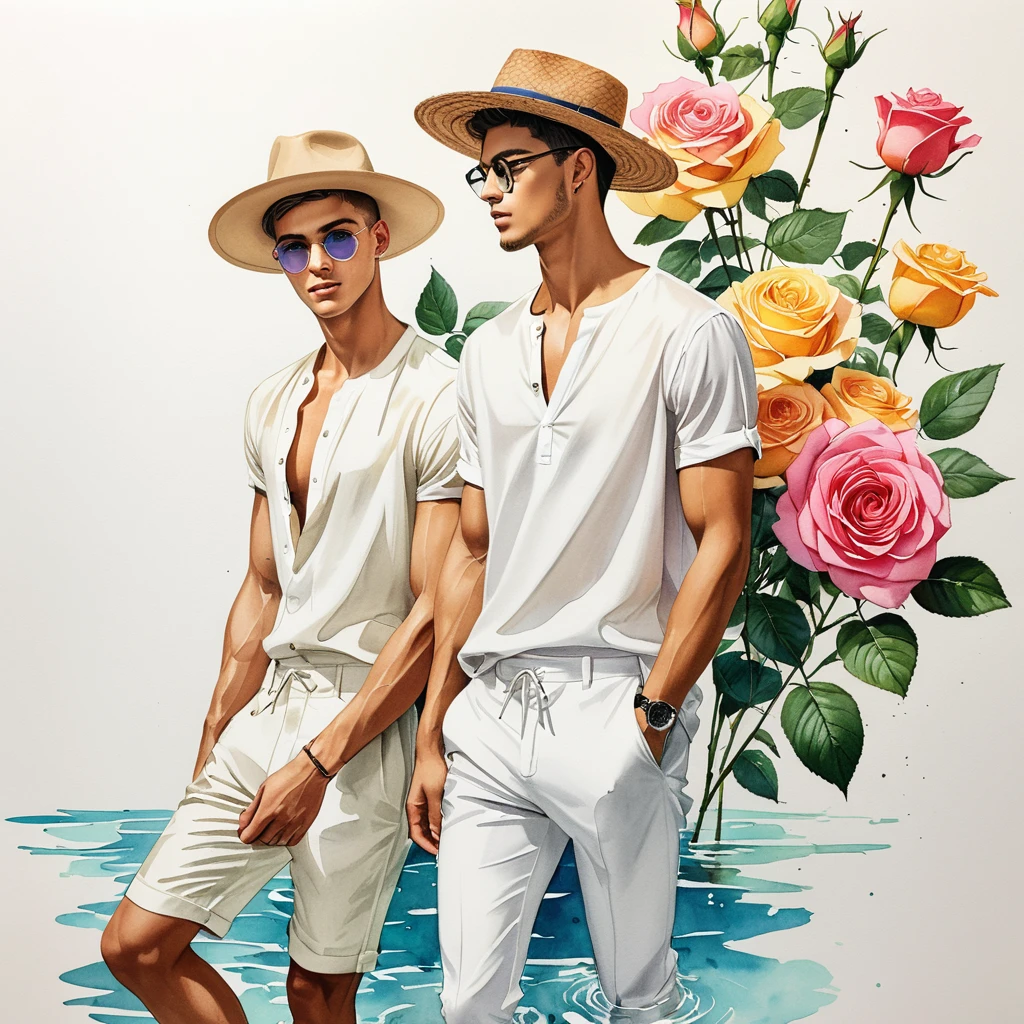 candid fashion illustration of young Mixed race 2man, both aged 18-23 year old, ((showcase fashion look book in White linen outfits)), the design inspired by David Austin Rose, in elegant chic style. The man wears an oversized short-sleeved shirt with a minimal rose embroidery details, paired with relaxed-fit white Short with Drawstring, He completes his look with white sneakers and round glasses. The boyfriend complements him in a Calf-length skinny fitted pants in a stripe woven cotton, semi bulge, He resemble includes an accessorizes with a brimmed straw hat and white sneakers, Captured in a low angle, ((full-body image)), ((roses drawing in water-color in background)), fashion sketching, realistic drawing, ((imperfect water-color drawing)), fashion look book, fashion illustrator, fashion sketch design, gay, gay couple,