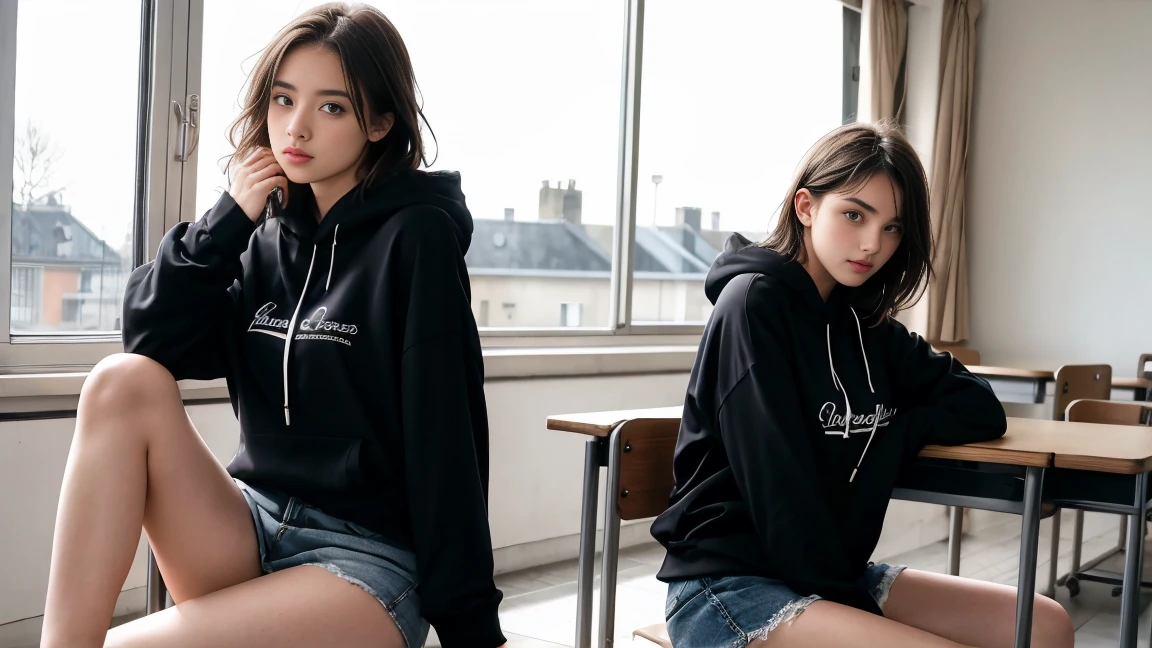 deux femmes ensemble de 18 ans sexy et mince , black short sleeve hoodie , salle de classe, se touche,position sey,sensuel